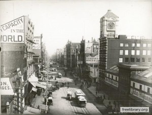 1889 photograph of Market Street, flanked by the "Big Six" department stores.