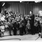 Bill Webber interacts with the "Peanut Gallery" live audience on "Wee Willie Webber's Colorful Cartoon Club" on WPHL-TV, Channel 17.  (Photograph published with permission of The Webber Family, Copyright 2012, The Webber Family.)