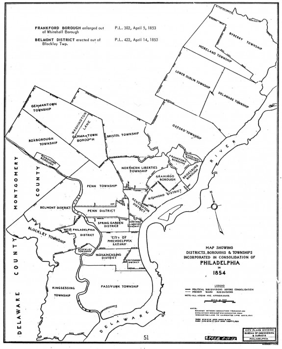 This map depicts the districts, boroughs, and townships consolidated into the City of Philadelphia in 1854. (City of Philadelphia)