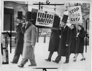 These protesters walking through Center City in 1939 are holding a funeral for the Federal Writers' Project, a program under the Works Progress Administration that was about to receive drastic budget cut. (Historical Society of Pennsylvania)