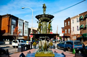 Passyunk Avenue, anchored by the "singing fountain" on Passyunk Square, runs diagonally through the row house neighborhoods of South Philadelphia. (J. Fusco for the Greater Philadelphia Tourism Marketing Corporation)