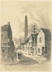 The Shot Tower stands as a remnant of South Philadelphia industry, shown here in a drawing from the 1920s. (Library Company of Philadelphia)