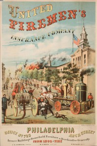 This 1866 advertisement for  the Fire Association of Philadelphia, visualized the need for fire insurance by showing imagery of fire fighters running past Independence Hall to get to a blazing fire in the distance. (Library Company of Philadelphia) 