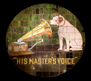 One of the original 1915 stained glass windows of Nipper the dog listening to his master's voice