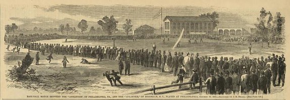 A black and white drawing of a group of people observing a baseball game in an open field. The players are in the middle, and the crowd is surrounding the players. There is a house and a few trees in the background. The players are wearing uniforms and the observers are watching 