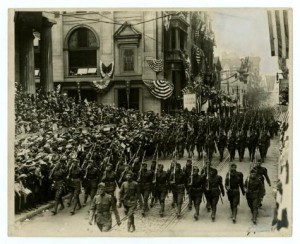Men of the 28th Infantry Division marching down Chest Street during a homecoming parade in 1917.