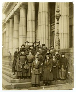 Members of the South Philadelphia Women's Liberty Loan Committee standing on the steps of Rush Library in Philadelphia.