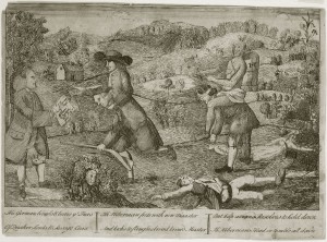 A black and white drawing of of a an mountainous field. A man dressed as a Quaker and anther man dresses as a native american are riding on the back of two men who are dresses as working class immigrants. The field has a house burning in the background and children lie dead in the foreground of the drawing. Ben Franklin is on the left side of the image holding a paper that condemns a group called the Paxton Boys. 