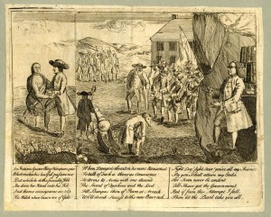 A black and white drawing on yellowed paper showing a group of men dressed as Quakers huddled in a group, one of them is dancing with a naked Native American woman. Ben Franklin is on the right of this drawing looking at the scene from behind a curtain. 