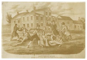 A sepia-tone drawing of a group of men dressed in hats and jackets attacking a group of people in simple clothing in the middle of a street. There is a row of buildings in the background, but they are in the distance behind the group of people.