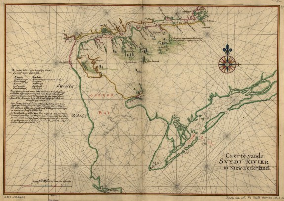 A color map of southern New Jersey and Delaware. Parts of the map are outlined in green ink, and the names of native american groups and dutch encampments along the Delaware River. There is a black of text on the left side of the image written in Dutch.