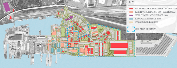 A map of the future construction of the Navy Yard, on top of a satellite image of the navy yard. The map portion shows colored sections of buildings, trees, and roads in various states of development. The satellite view is black and white, but shows more details of the buildings and roads.