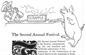A black and white drawing of a man dressed in a Quaker outfit and a pig sitting at a table with a block of scrapple in between them. The scrapple is radiating sent lines.