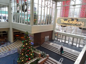 A color photograph of steps leading down to the glass entrance of mall. Concrete columns break up the floors and glass panels. 