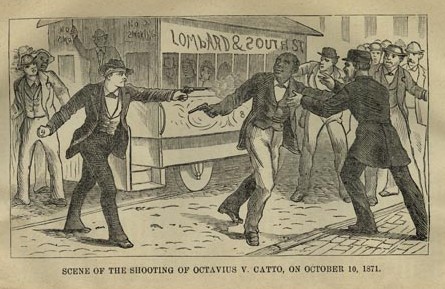 A drawing of a man pointing a gun at another man in the middle of a street.