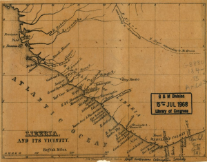 A map of the Liberian coast, showing the names of cities and separate sections of the colony.  