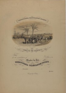 A paper certificate for the Pennsylvania Colonization Society with a small image of people getting off boats on a beach. 
