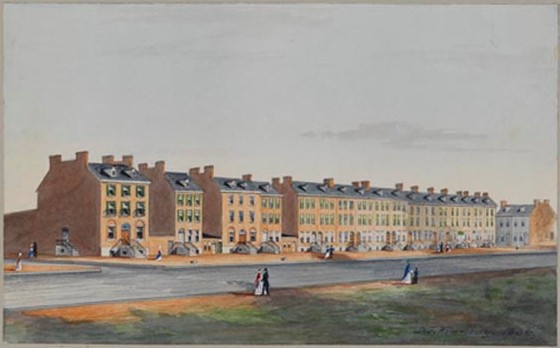 A color painting of a series of row homes along a street. People in dresses and coats are walking along outside the buildings.