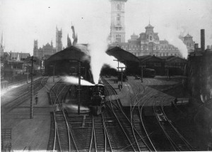 A train leaving the Pennsylvania Railroad Broad Street Station in 1882.