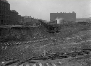 The Philadelphia and Reading Railroad constructing new track in 1893 at Broad and Callowhill Streets.