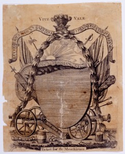 An ornately engraved ticket for <i>The Meschianza</i> showing canons and flags under a crown.