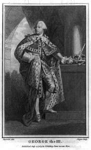 A black and white engraving of King George III in ermine capes.