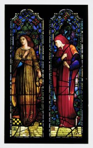 These stained glass panels by William and Ann Lee Willet possess the gothic-revival style popularized by the Pre-Raphaelite artists working in England (Corning Museum of Glass)