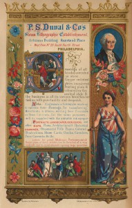 A color lithograph showing elegant designs surrounding figures of a woman dressed in patriotic colors, George Washington, and other figures surrounding text advertising a company.