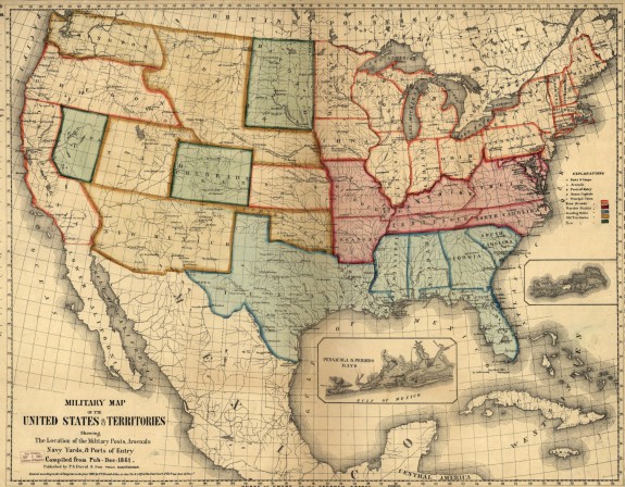 A color map of the united states with different color outlines and shading around different states. There are labels visible throughout the map.