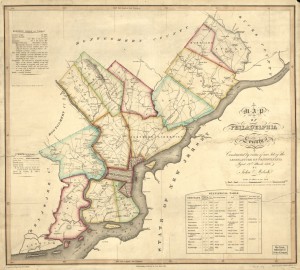 A color map of Philadelphia county, with colored lines outlining different neighborhoods. A box of statistics is compliments the other labels on the map.