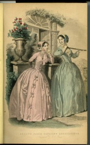 A print featured in Godey's Lady's Book featuring the latest fashions of the era.