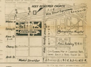 a black and white map of Chinatown showing the proposed Vine Street Expressway's impact