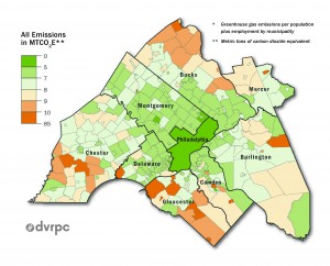 Graph showing Greenhouse emissions per person in the municipalities of the Philadelphia metropolitan region.