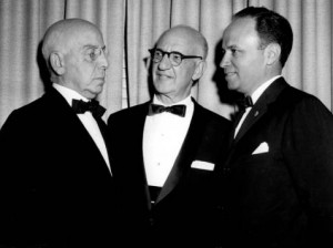A black and white photograph of Horace Stern, Lewis Levinthal, and an unidentified man wearing tuxedos.