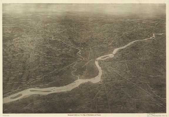 A bird's-eye view map, c. 1926, depicts roads and highways linking Philadelphia to the region. Roosevelt Boulevard extends from North Broad Street into the Northeast. (Library of Congress)