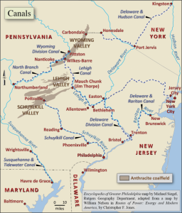 Map illustrating the many canals of the Delaware Valley, the canal linking Pottsville to Philadelphia was created by the Schuylkill Navigation Company.