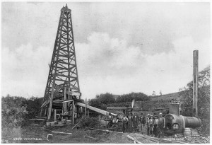 A oil rig from 1900 in Titusville Pennsylvania.