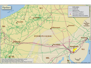 Map of pipelines carrying oil, gas, and petroleum products from western Pennsylvania to Philadelphia and New Jersey.