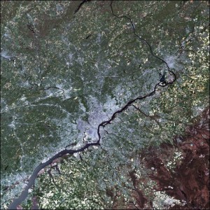 A satellite image of Philadelphia, demonstrating how land is used throughout the region.