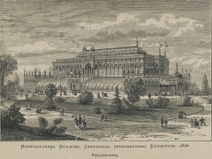 An engraving of Horticulture Hall, a large glass and iron building in the Moorish style, from 1876