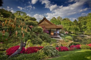 A color photograph of the Shofuso Japanese House and Garden in Fairmount Park 