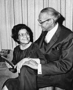 A black and white photograph of Sadie Mossell Alexander and Raymond Pace Alexander seated in their home
