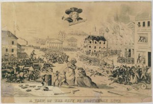 A lithograph depicting scenes of societal and racial unrest in the City of Brotherly Love.