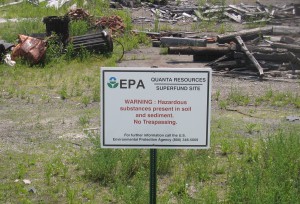 The EPA superfund site sign at the site of the Quanta Resources in Edgewater, New Jersey.
