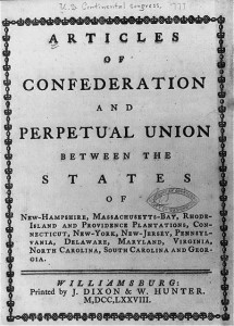 The cover page of an early printing of the Articles of Confederation, the first Constitution of the United States.
