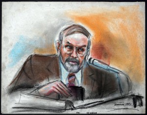 Court room sketch of Melvin Weinberg and informant during the Abscam sting operation.