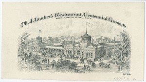 a black and white engraving of Lauber's German Restaurant on the Centennial grounds