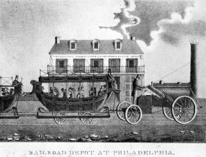 a black and white engraving of an early railroad depot in Philadelphia with train in front
