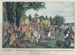 a colored lithograph of William Penn and interpreters meeting with the Lenape Indians on Petty Island