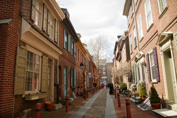 Colonial ambiance attracts visitors, but continuing research reveals a longer, more varied history on Elfreth's Alley. (Photograph for The Encyclopedia of Greater Philadelphia by Jamie Castagnoli)